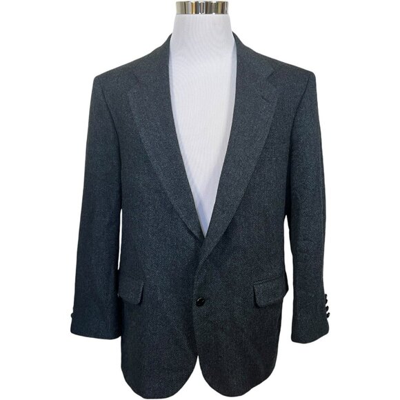 John Peel Jacket Blazer 44R Blue Wool Herringbone Tweed Vintage Lined - Picture 1 of 8